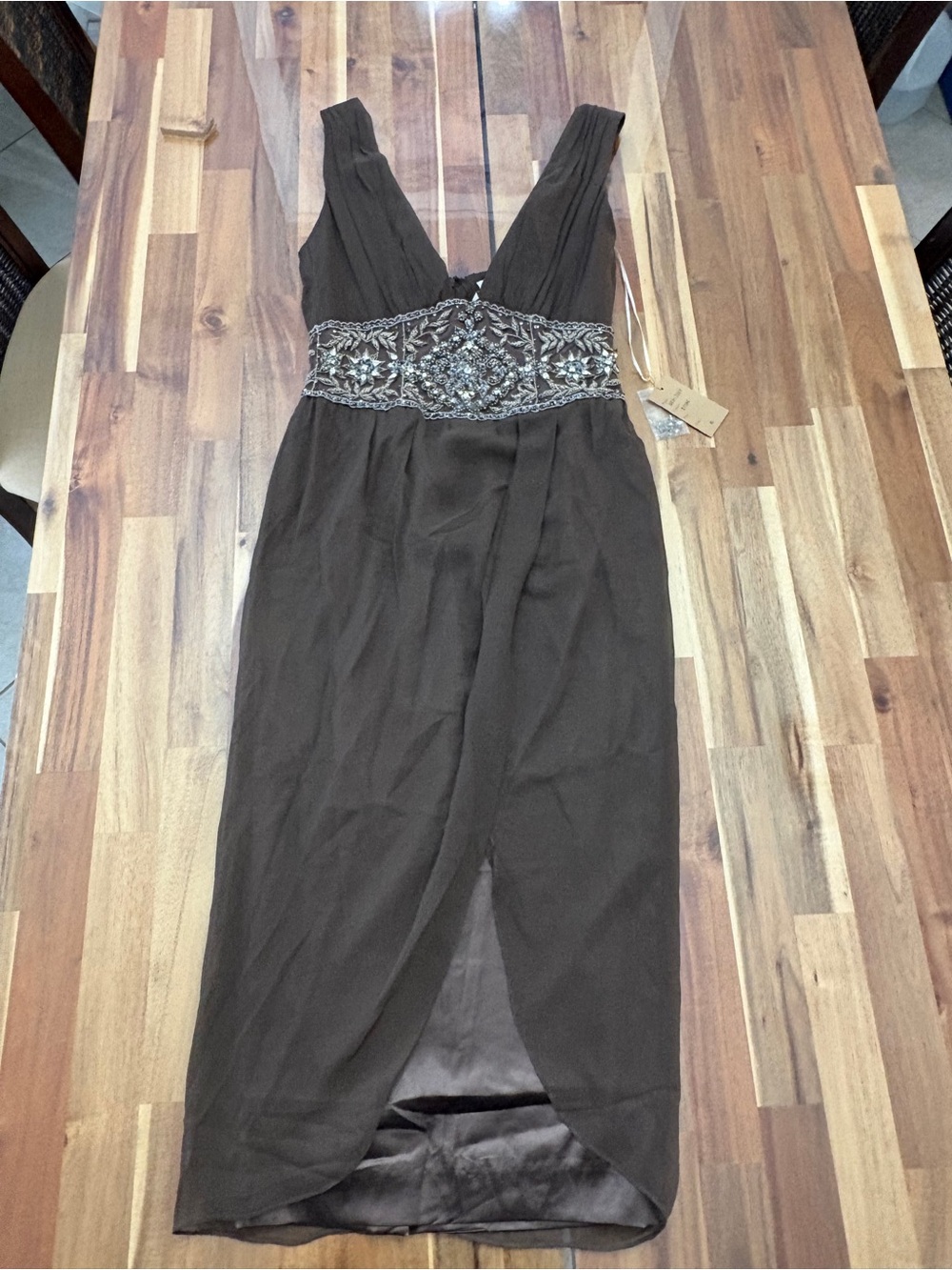 NWT Mandalay Sz 8 Midi Deep V Neck Dress in Stone Brown Beaded Fitted Y2K style